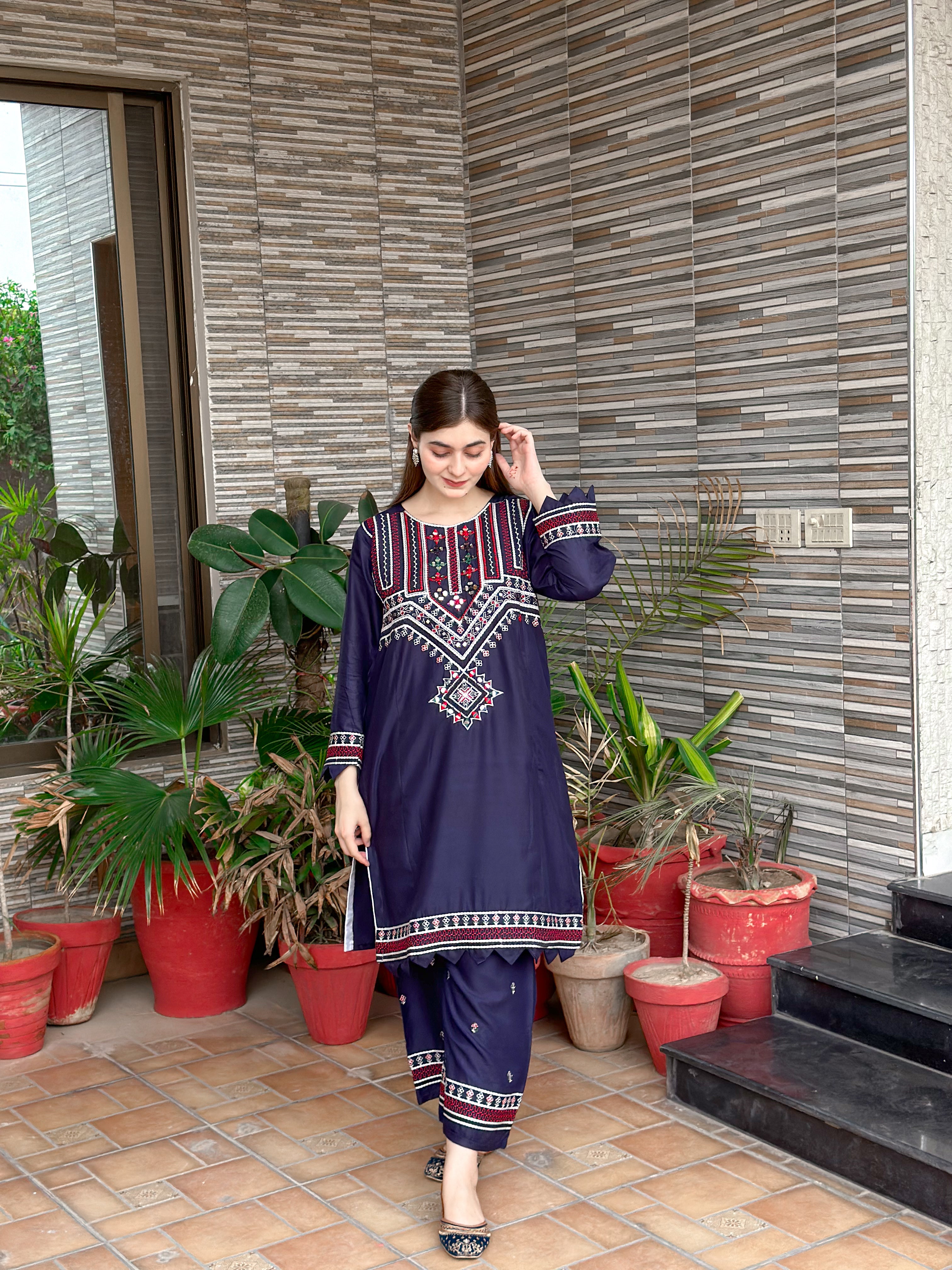 Sindhi Embroidery 2pc Lawn (Navy Blue)